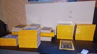 Multiple stacks of National Geographic magazines with the characteristic yellow border covers arranged on a table.