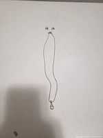 Necklace and both earrings laid out on surface