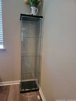 Full view of tall, narrow glass display cabinet against wall, multiple glass shelves, black frame top and base, power cord for lighting visible at base.