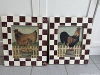 Both rooster and hen framed pieces side by side