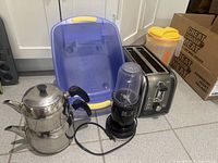 Group shot of toaster, blender, kettles, bin, pitcher