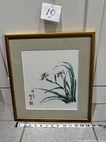 Front view showing framed watercolor print with measuring tape