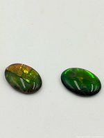 Two oval Ammolite gemstones exhibiting vibrant iridescent colors including green and reddish hues on a white background.