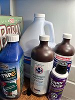 Photo of cleaning supplies set including Borax box, TSP bottle, bleach jug, two bottles of Hydrogen Peroxide, and Super Clean degreaser.
