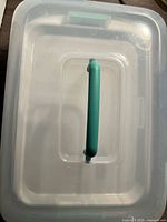 Top view of the closed Rubbermaid plastic vegetable storage container showing the lid with green handle.
