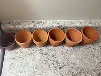 Six small pots in a row on countertop: one dark brown plastic pot and five terracotta pots varying in shape and wear.