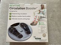 Front view of packaging showing device image and benefits including improved leg circulation, reduced swollen feet, and alleviating tired legs.