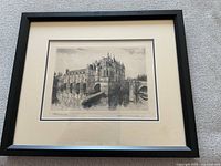 Full view of the framed black and white engraved plate print showing the chateau and reflection.