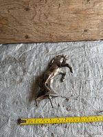 Full view of prancing horse hood ornament beside tape measure