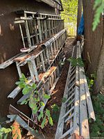 Stacked aluminum extension ladders on racks beside shed