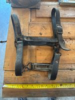 Full view of halter laid flat on wood surface with measuring tape indicating roughly 11-12 in. width