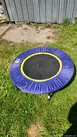 Full view of blue Urban Rebounding mini trampoline on grass