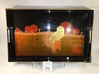 Full front view of the vintage Otagiri lacquerware owl tray showing overall design and condition