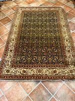 Full view of the handwoven oriental rug showing the dark central field with intricate floral and geometric patterns and the wide light border with ornamental details.