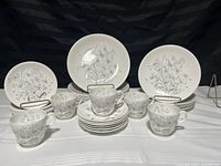 Full set of Wedgwood Wild Oats dishes arrayed showing cups, saucers, multiple plates including bread, main, and dinner plates, featuring light grey floral pattern.