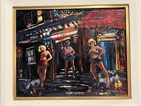Frontal view of oil painting showing three female figures under marquee