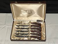 Six steak knives neatly arranged in a vintage-style satin-lined box with faux stag handles and serrated stainless steel blades.
