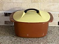Front view of the enamel-coated cast iron Dutch oven showing the yellow lid with black handle and brown body.
