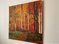 Front angled view of the original autumn forest oil painting showing birch trees and fall colors.