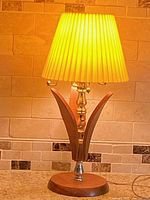 Lamp turned on, showing warm yellow light through pleated plastic shade, teak wood and metal base with leaf-like wood arms on round base.
