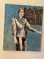 Full view of the original oil painting showing the figure and part of the bookshelf.