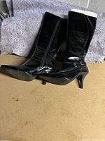 Side view of the pair of black boots with pointed toes and stiletto heels, standing upright.