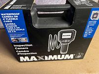 Front view of Maximum Inspection Camera box highlighting waterproof 4' flexible cable and color display features