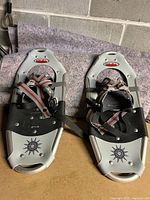 Top side of pair of Powderidge brand snowshoes showing straps, bindings and decorative snowflake pattern.