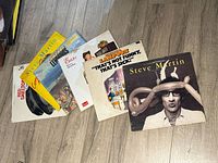 Multiple vinyl LP records laid out on a wooden floor, focusing on the front covers of comedy albums including Steve Martin and National Lampoon.