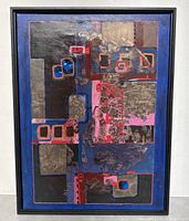 Photo of the full framed mixed media abstract art showing geometric shapes and textured metallic elements