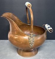 Front angled view showing spout, handle with porcelain grip, and lion head metal accent.