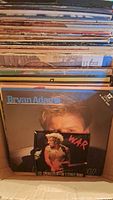 Photo showing a collection of vinyl records including Bryan Adams and Bruce Springsteen albums, stacked vertically.