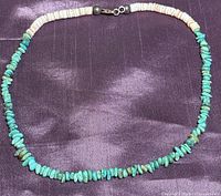Full view of necklace laid flat showing turquoise section and shell section with sterling clasp