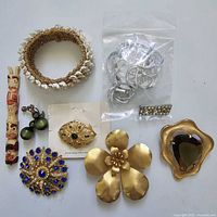 Top-down photo of all items in the grouping showing brooches, earrings, bracelet, carved stick, and plastic bag with silver-tone clip set