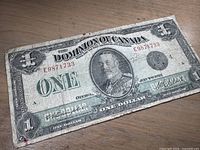 Obverse of Dominion of Canada $1 bill showing portrait, serial number E9871733 and date July 2 1923