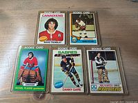 Front view of all five rookie cards in sleeves: Tremblay, Potvin, Plasse, Gare, Palmateer