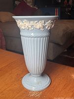 Full view of blue Wedgwood fluted vase