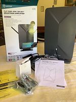 Complete antenna set with antenna panel, cable, amplifier, manuals, hardware and box