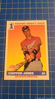 Front of Score 1991 Chipper Jones rookie card showing player image and 1st Round Draft Pick banner