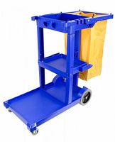 Stock image of assembled Johnny Vac blue janitorial cart with yellow bag