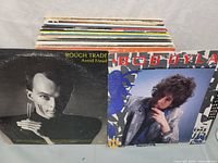 Front view showing Rough Trade and Bob Dylan albums with stack behind