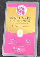 Front of sealed Benchmark Strategic Metals card showing certificate and gold bar