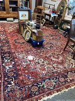 Full view of rug showing overall design, central medallion and fringe