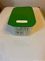 Top angle showing the green lid with white sliding vent on the rectangular clear container.