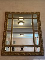Front view of the ornate gold framed beveled mirror hanging on a wall showcasing the floral decorative frame and segmented mirrored panels.