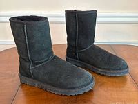 Pair of black women's Ugg boots shown at a side angle on wooden floor, displaying the overall shape and minimal wear on suede exterior.