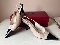 Pair of Salvatore Ferragamo beige and black slingback pumps shown with original red Ferragamo box in background.