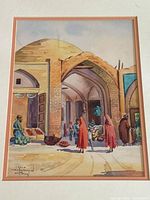 Close view of watercolor scene with architecture and figures