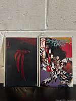 Two Shaman's Tears comic books, issue #1 with black cover featuring a red claw mark and issue #2 with illustrated Native American warrior on the cover.