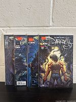 Four comic books from The Darkness series, issues #1 to #4 shown upright against a gray cinder block wall. Each comic book is in a clear protective plastic sleeve with backing board.